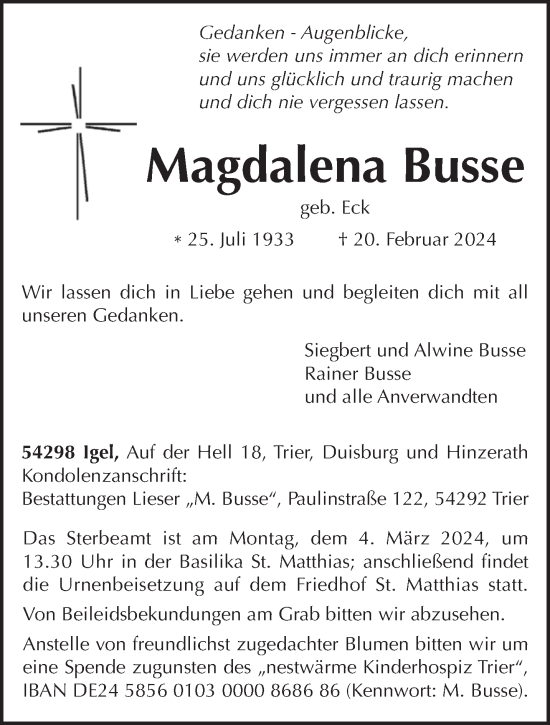 Todesanzeige von Magdalena Busse von trierischer_volksfreund