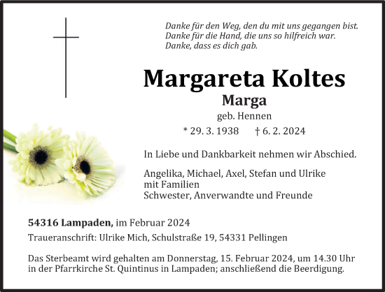 Todesanzeige von Margareta Koltes von trierischer_volksfreund