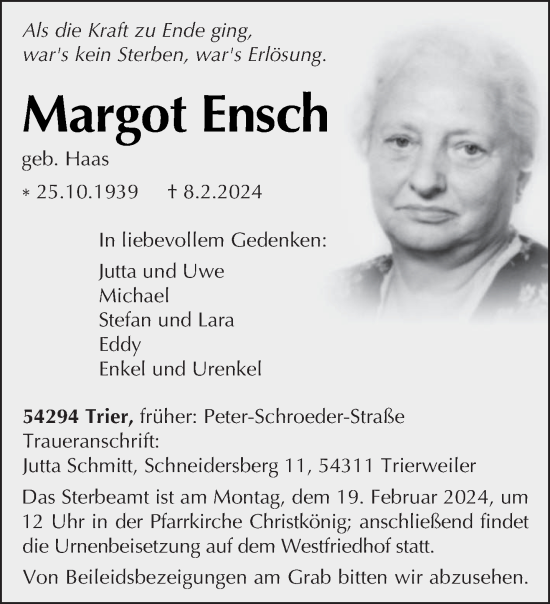 Todesanzeige von Margot Ensch von trierischer_volksfreund