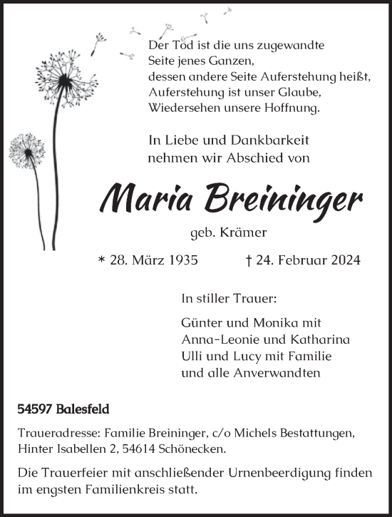 Todesanzeige von Maria Breininger von trierischer_volksfreund