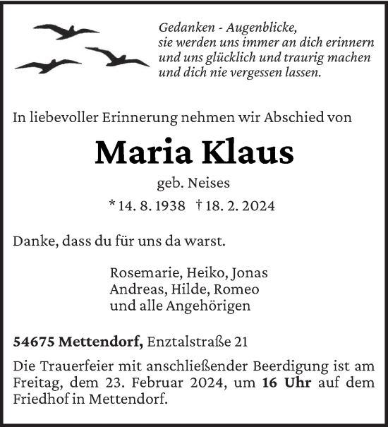 Todesanzeige von Maria Klaus von trierischer_volksfreund