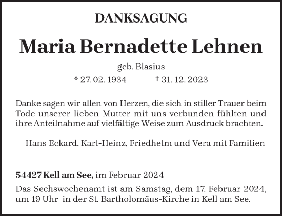 Todesanzeige von Maria Bernadette Lehnen von trierischer_volksfreund