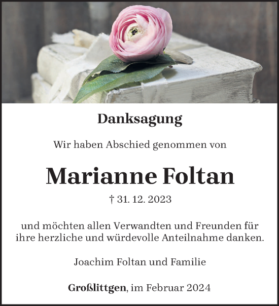 Todesanzeige von Marianne Foltan von trierischer_volksfreund
