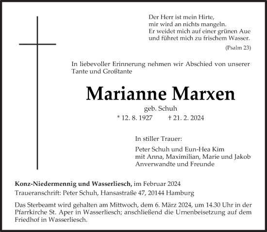 Todesanzeige von Marianne Marxen von trierischer_volksfreund