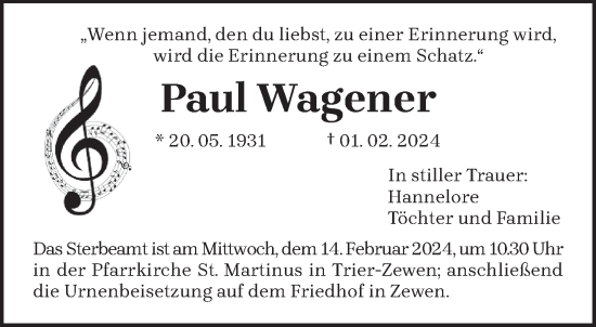 Todesanzeige von Paul Wagener von trierischer_volksfreund