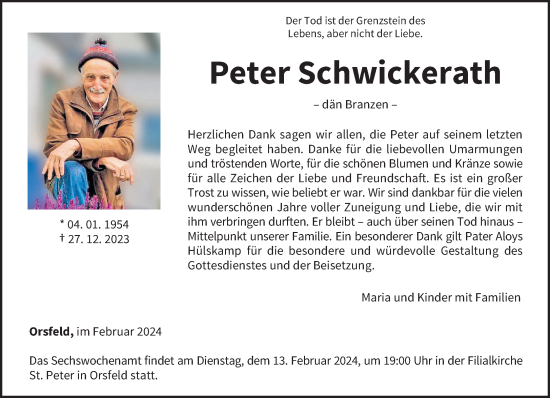 Todesanzeige von Peter Schwickerath von trierischer_volksfreund