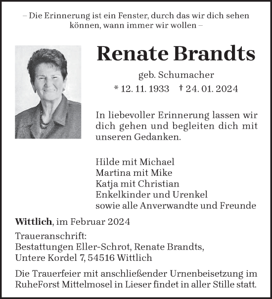 Todesanzeige von Renate Brandts von trierischer_volksfreund