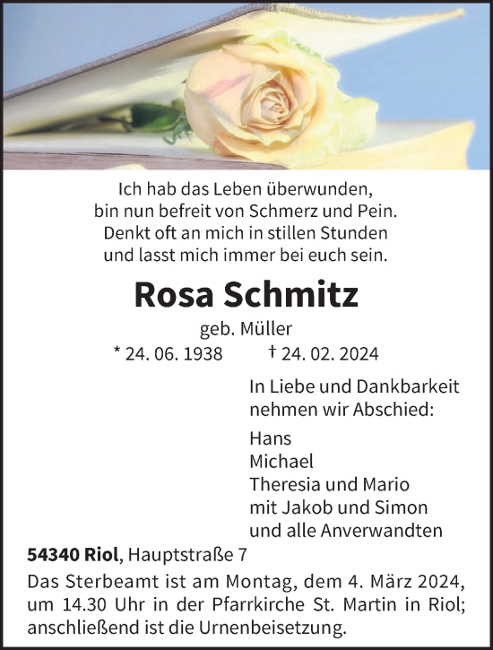 Todesanzeige von Rosa Schmitz von trierischer_volksfreund