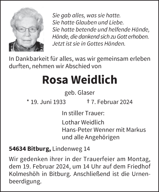 Todesanzeige von Rosa Weidlich von trierischer_volksfreund