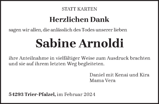 Todesanzeige von Sabine Arnoldi von trierischer_volksfreund