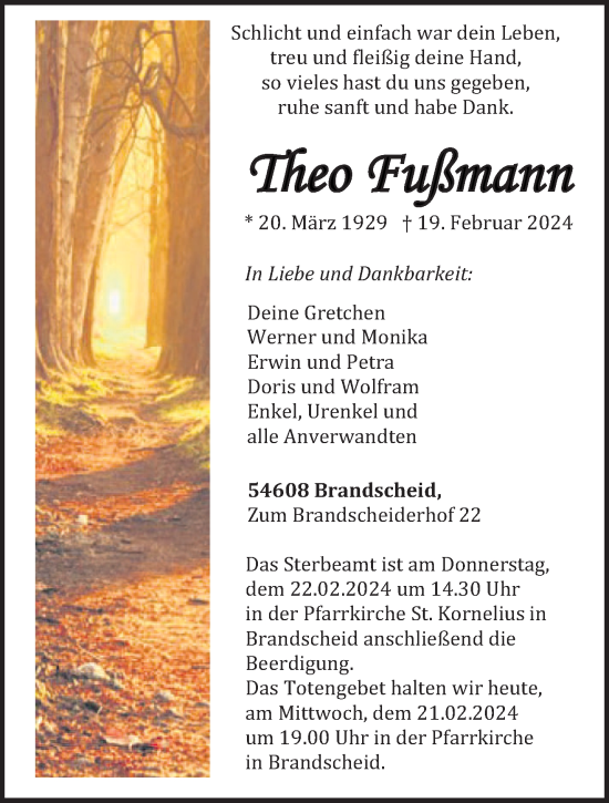 Todesanzeige von Theo Fußmann von trierischer_volksfreund