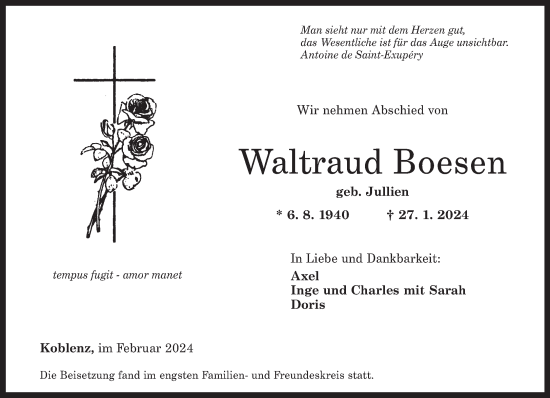 Todesanzeige von Waltraud Boesen von trierischer_volksfreund