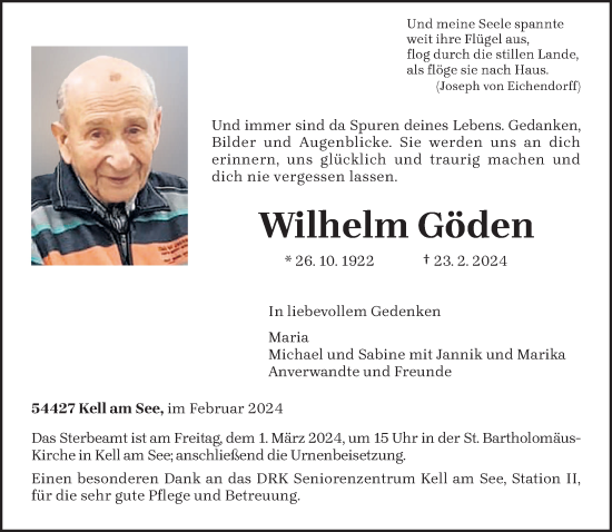 Todesanzeige von Wilhelm Göden von trierischer_volksfreund