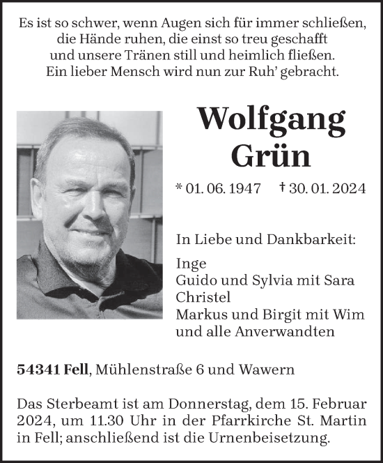 Todesanzeige von Wolfgang Grün von trierischer_volksfreund