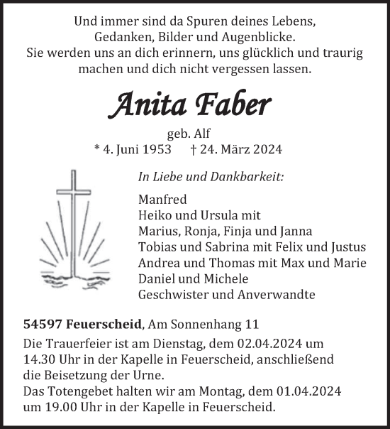 Todesanzeige von Anita Faber von trierischer_volksfreund