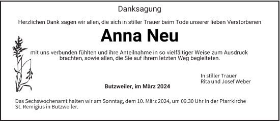 Todesanzeige von Anna Neu von trierischer_volksfreund