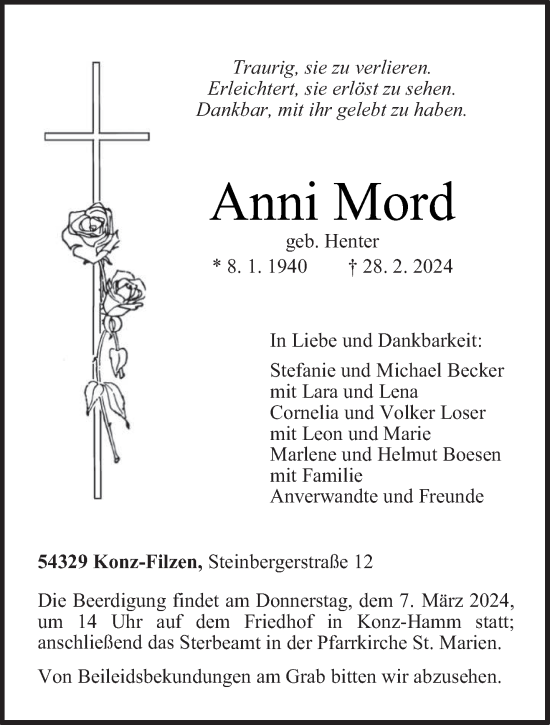 Todesanzeige von Anni Mord von trierischer_volksfreund