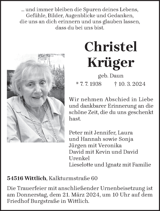 Todesanzeige von Christel Krüger von trierischer_volksfreund