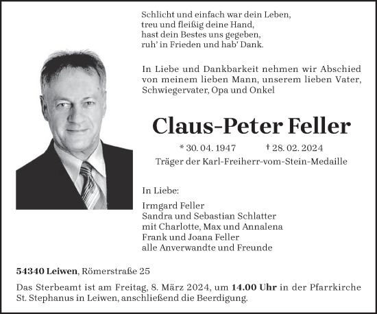 Todesanzeige von Claus-Peter Feller von trierischer_volksfreund