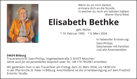 Todesanzeige von Elisabeth Bethke von trierischer_volksfreund