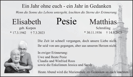 Todesanzeige von Elisabeth und Matthias Pesie von trierischer_volksfreund