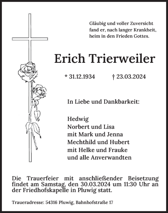 Todesanzeige von Erich Trierweiler von trierischer_volksfreund