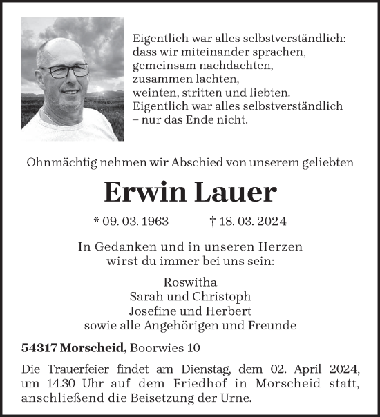 Todesanzeige von Erwin Lauer von trierischer_volksfreund