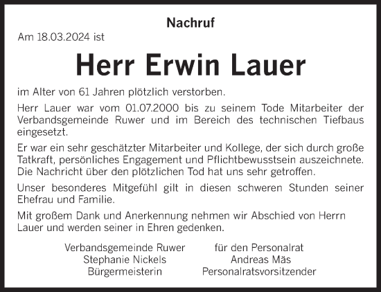 Todesanzeige von Erwin Lauer von trierischer_volksfreund