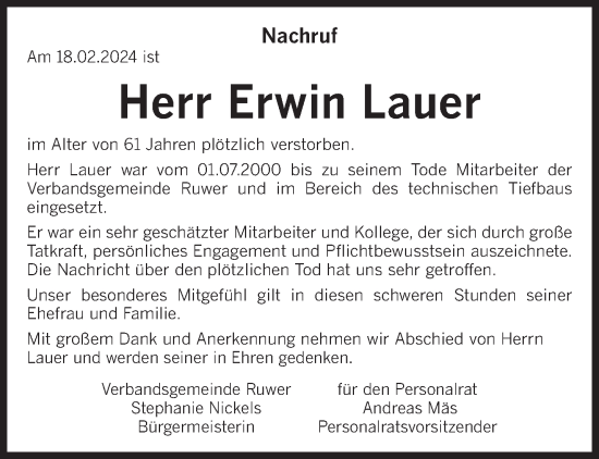 Todesanzeige von Erwin Lauer von trierischer_volksfreund