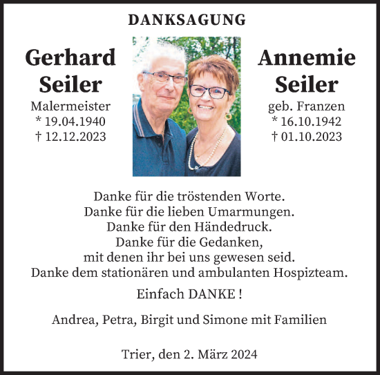 Todesanzeige von Gerhard und Annemie Seiler von trierischer_volksfreund