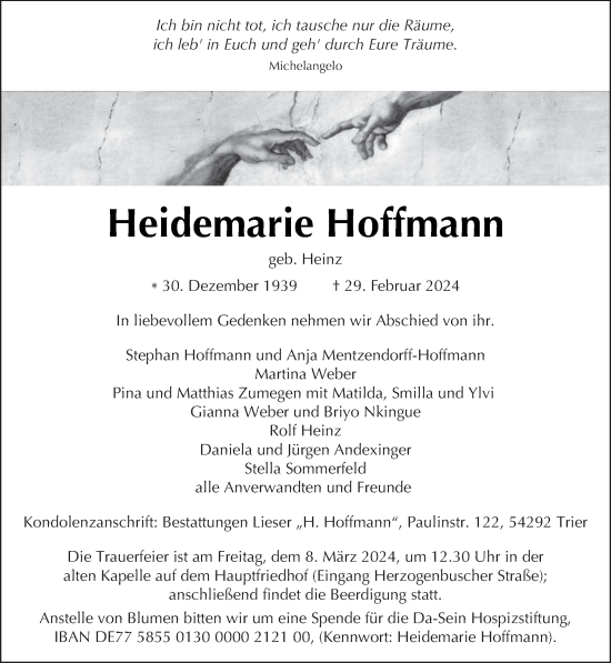 Todesanzeige von Heidemarie Hoffmann von trierischer_volksfreund
