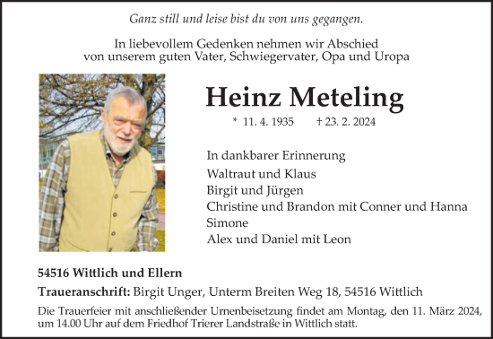 Todesanzeige von Heinz Meteling von trierischer_volksfreund