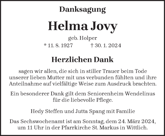 Todesanzeige von Helma Jovy von trierischer_volksfreund