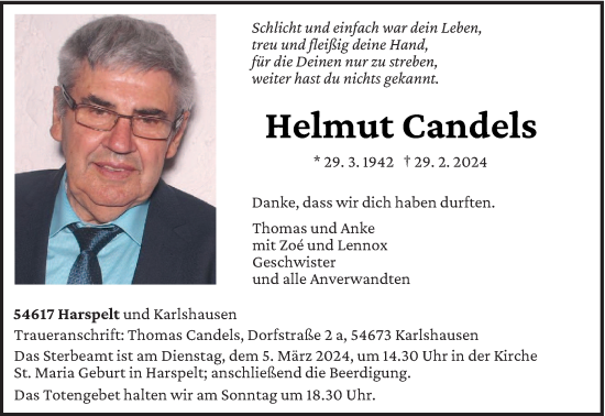 Todesanzeige von Helmut Candels von trierischer_volksfreund