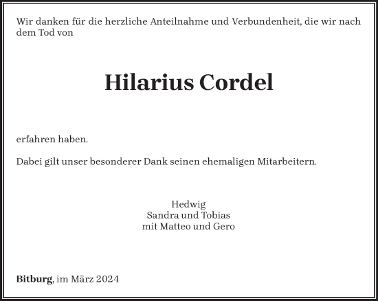 Todesanzeige von Hilarius Cordel von trierischer_volksfreund
