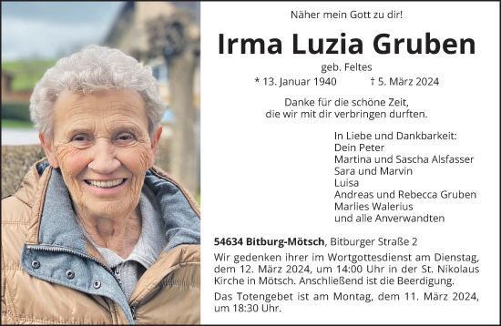 Todesanzeige von Irma Luzia Gruben von trierischer_volksfreund