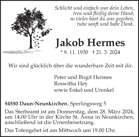 Todesanzeige von Jakob Hermes von trierischer_volksfreund