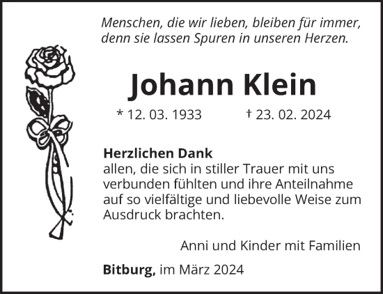 Todesanzeige von Johann Klein von trierischer_volksfreund