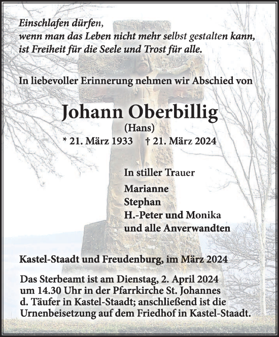 Todesanzeige von Johann Oberbillig von trierischer_volksfreund