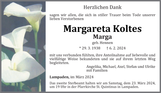 Todesanzeige von Margareta Koltes von trierischer_volksfreund