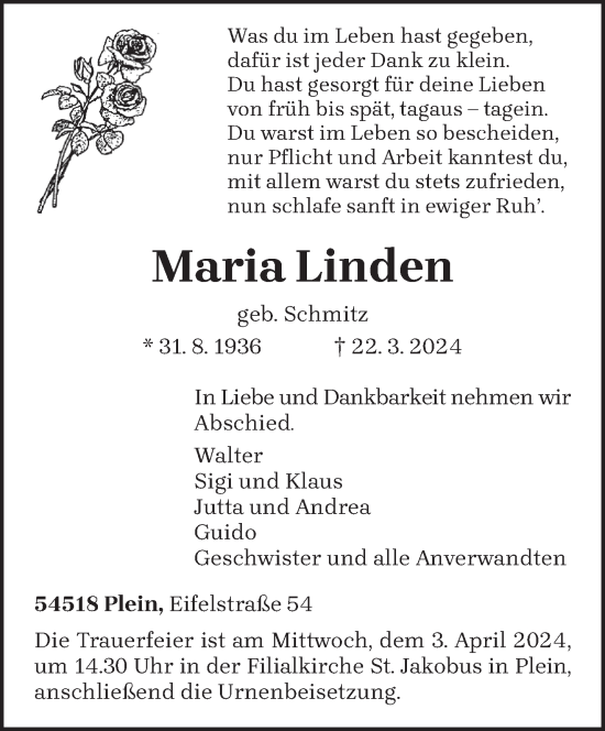 Todesanzeige von Maria Linden von trierischer_volksfreund