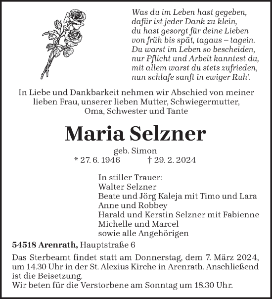 Todesanzeige von Maria Selzner von trierischer_volksfreund