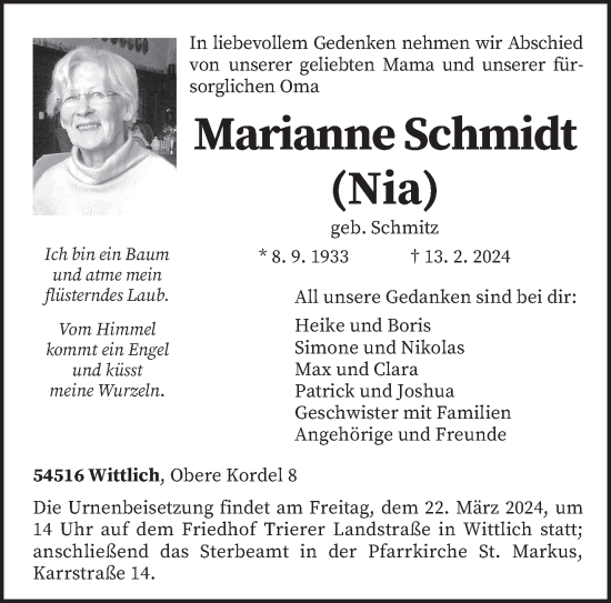 Todesanzeige von Marianne Schmidt von trierischer_volksfreund