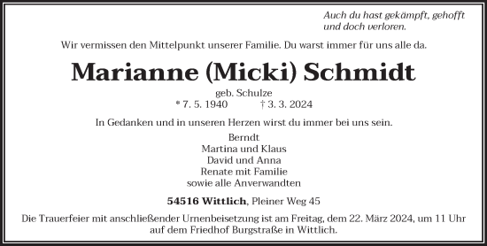 Todesanzeige von Marianne Schmidt von trierischer_volksfreund