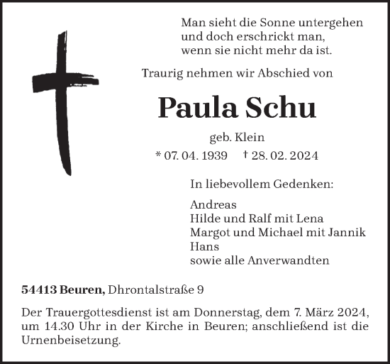 Todesanzeige von Paula Schu von trierischer_volksfreund