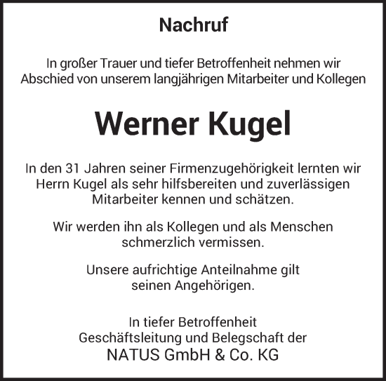 Todesanzeige von Werner Kugel von trierischer_volksfreund
