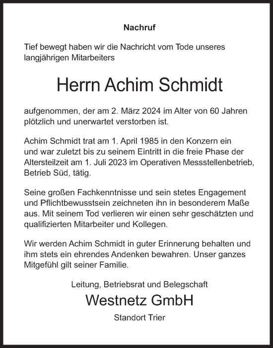 Todesanzeige von Achim Schmidt von trierischer_volksfreund
