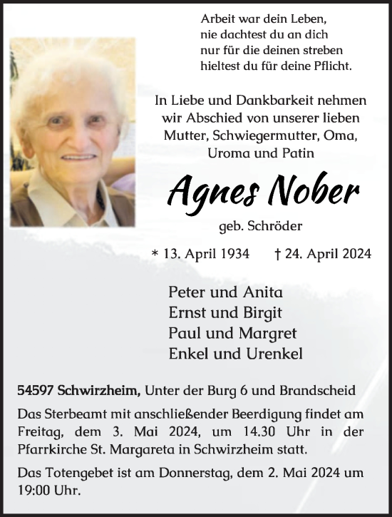 Todesanzeige von Agnes Nober von trierischer_volksfreund