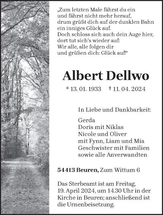 Todesanzeige von Albert Dellwo von trierischer_volksfreund