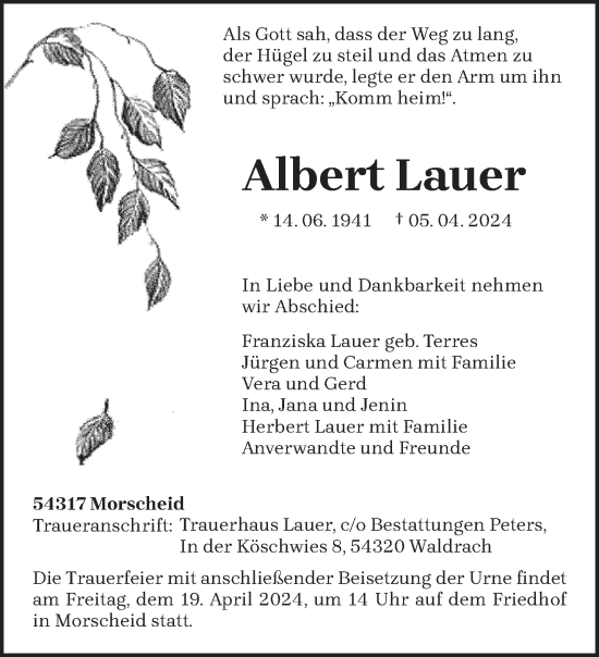 Todesanzeige von Albert Lauer von trierischer_volksfreund